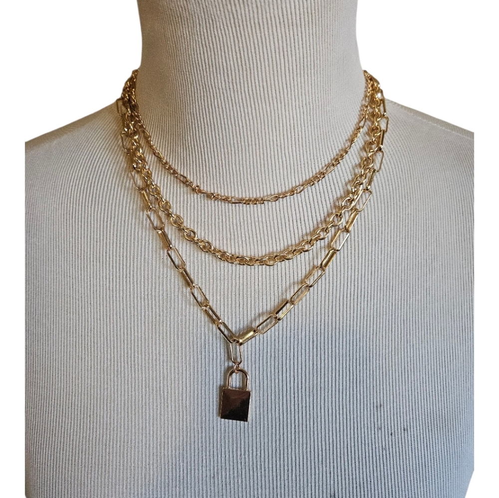 Gold Layered Gold Tone Chain Necklace with Padlock Pendant. - Picture 1 of 9